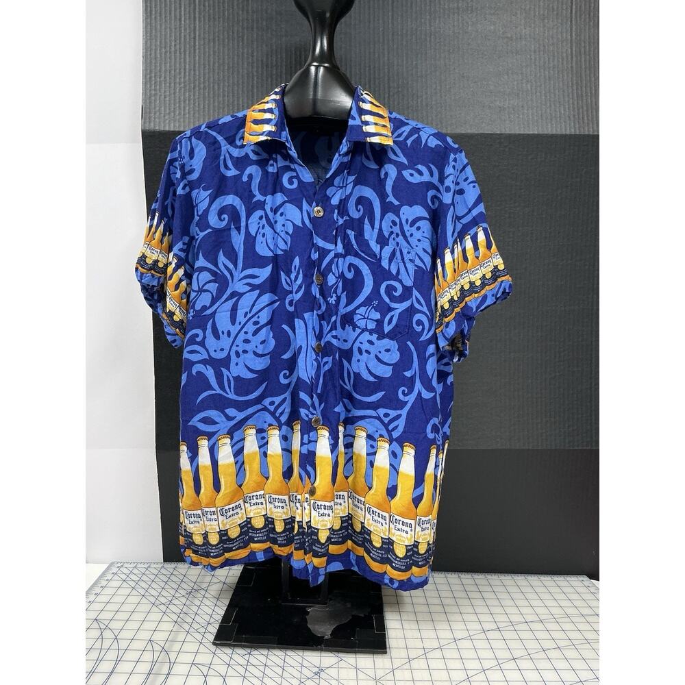 Corona‎ Extra Hawaiian Shirt Mens Blue Short Sleeve Button Up Beer Size XL